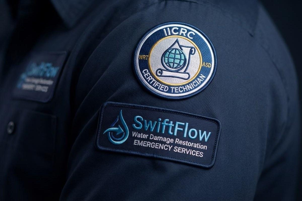 IICRC Certified Technician and SwiftFlow patches on a technician's uniform