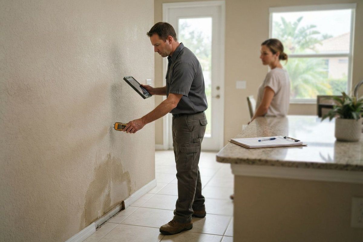Technician checking a wall with a moisture meter inside a Florida home