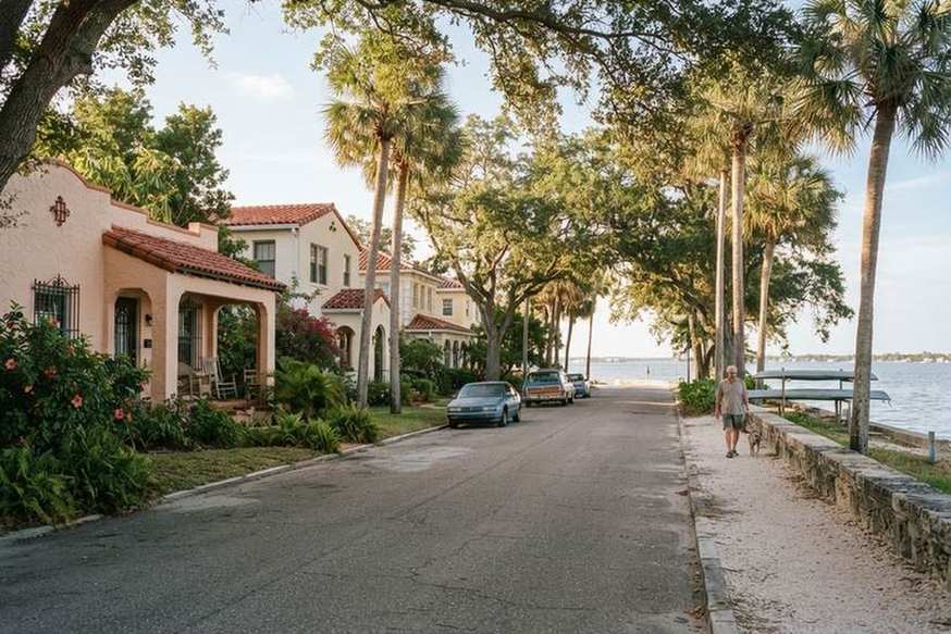 Mediterranean-style homes with tile roofs on a palm-lined waterfront street