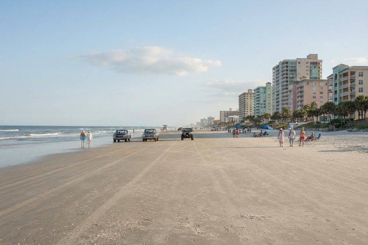 Wide Atlantic beach with high-rise condos in Daytona Beach