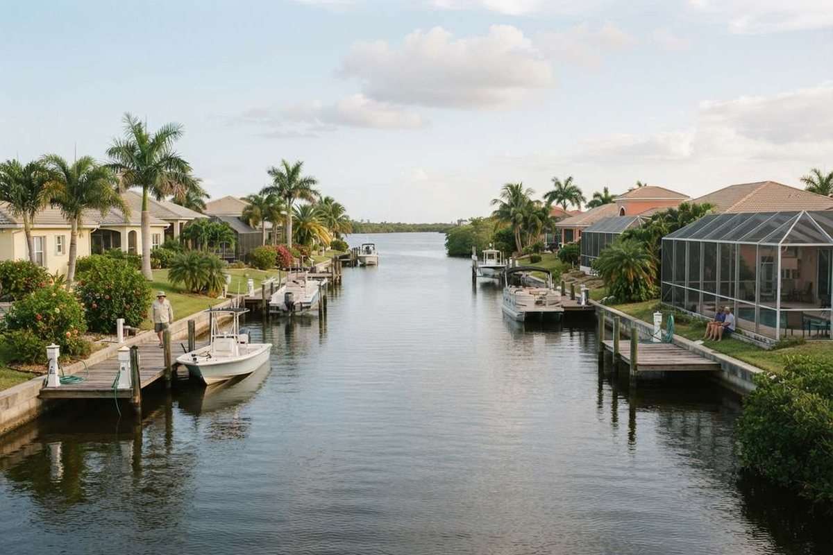 Residential canal lined with boat docks and waterfront homes