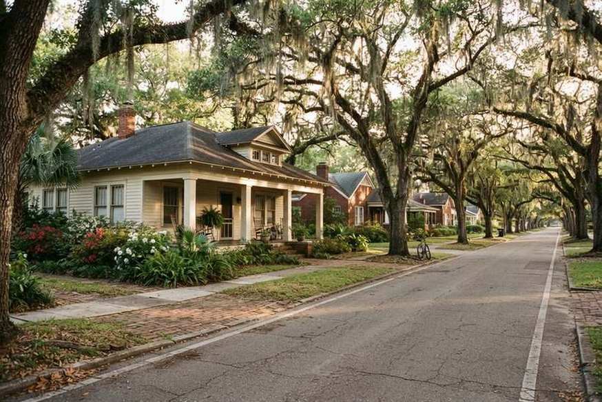 Oak-lined street with a 1920s porch house in Gainesville