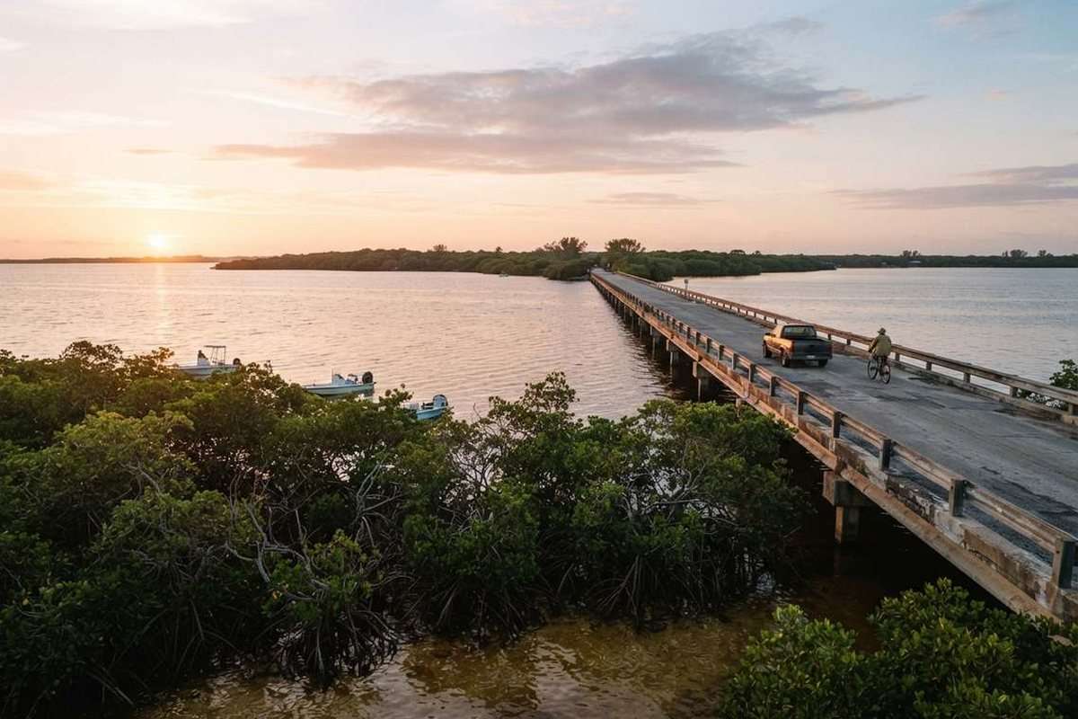 Mangroves and a low causeway bridge along the Florida coast