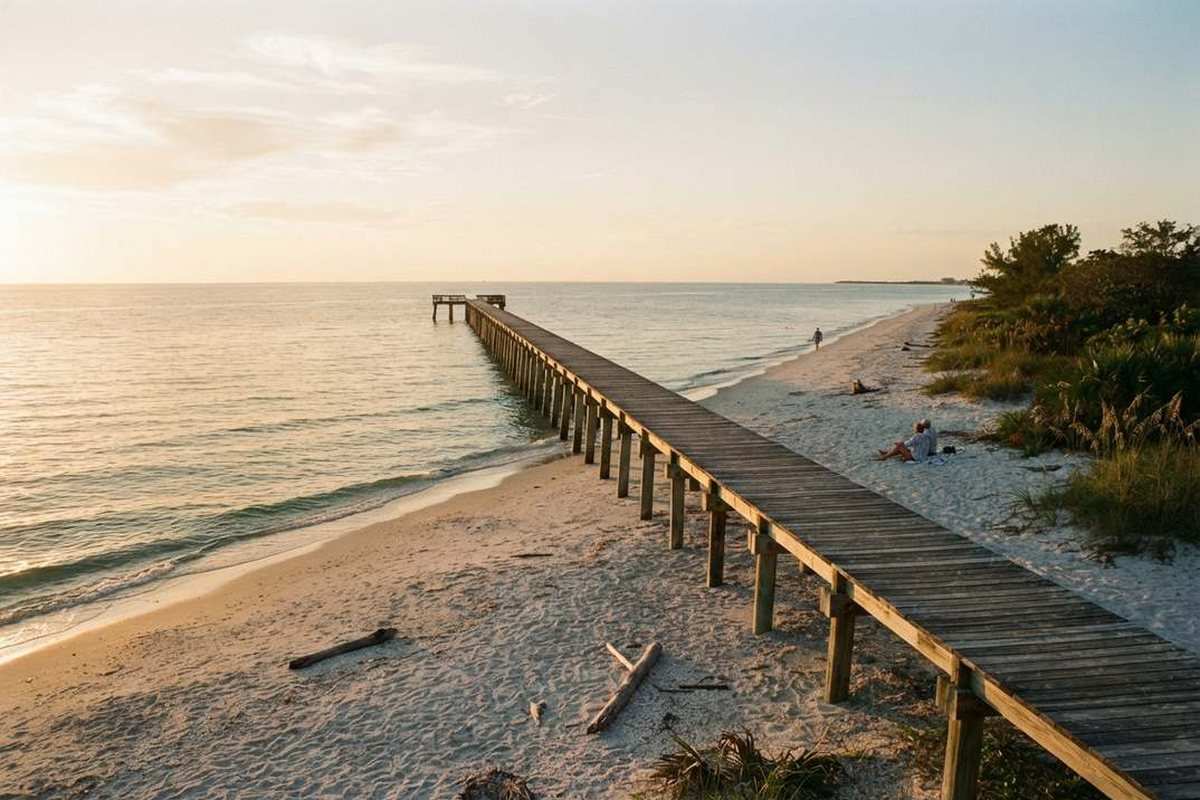 Gulf beach with a long wooden pier at golden hour in Naples