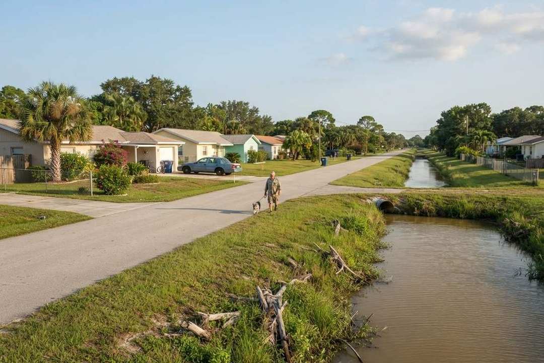 Suburban street of block homes beside a drainage canal in Palm Bay