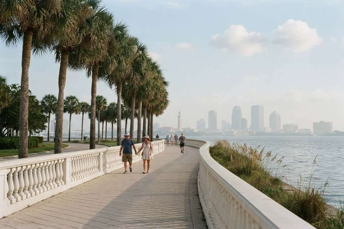 Bayfront promenade with palm trees and a distant skyline in Tampa