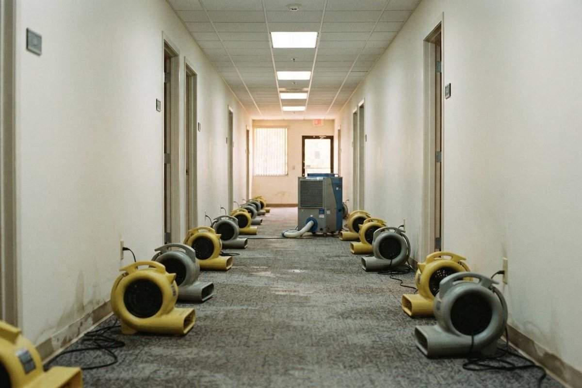 Air movers and a dehumidifier drying a water-damaged office corridor