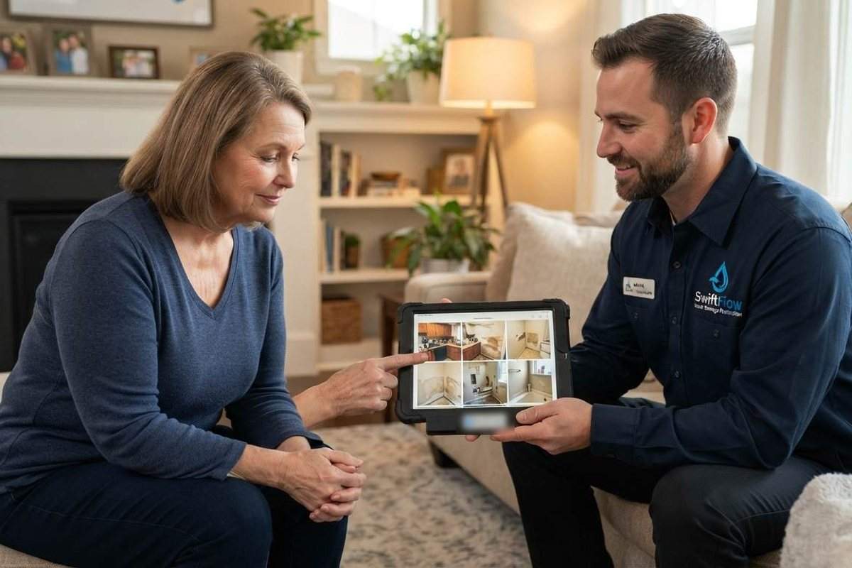 Restoration technician reviewing water damage photos on a tablet with a homeowner