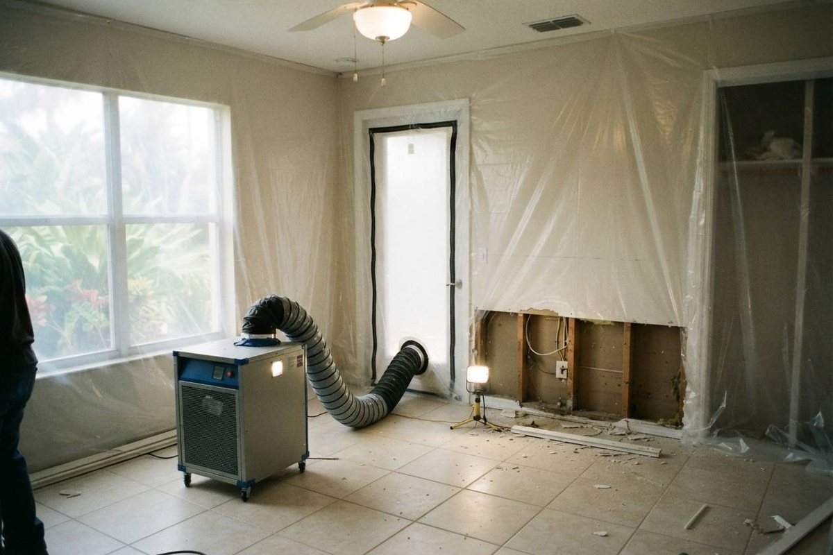 Plastic containment with a HEPA air scrubber during mold remediation