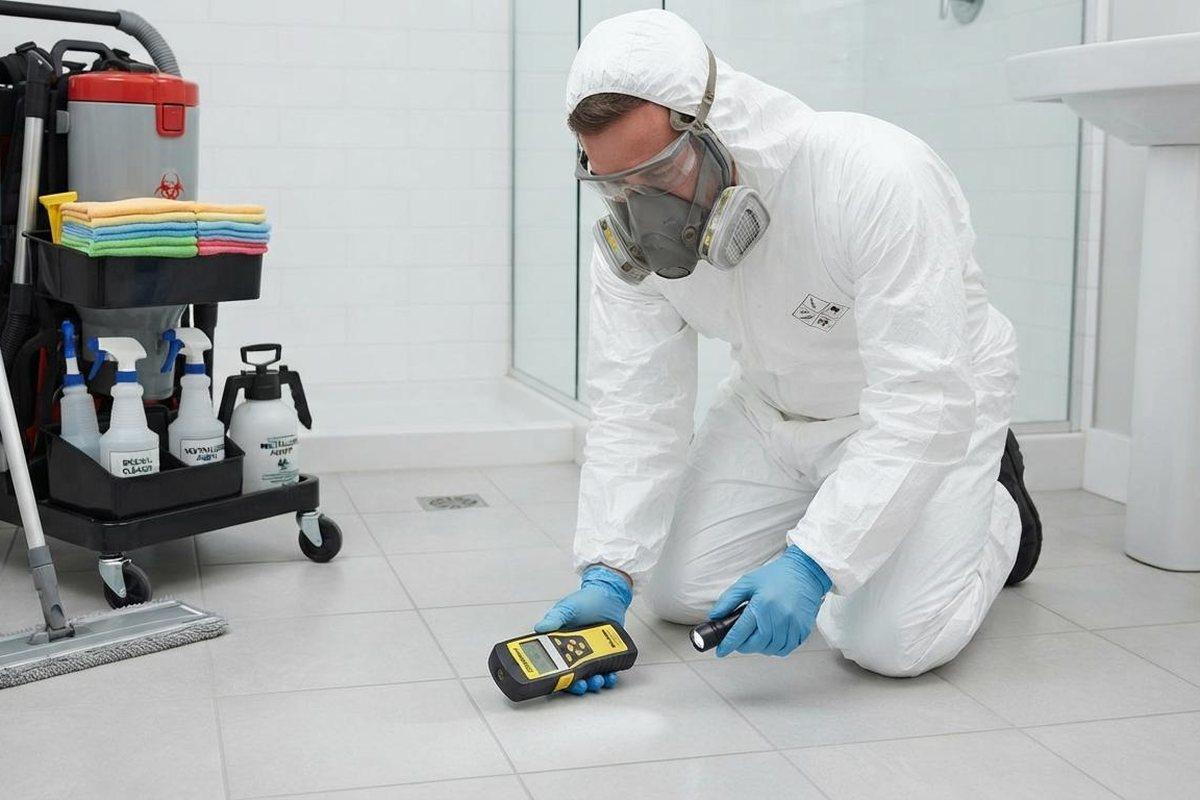 Technician in protective suit and respirator inspecting a bathroom after a sewage backup